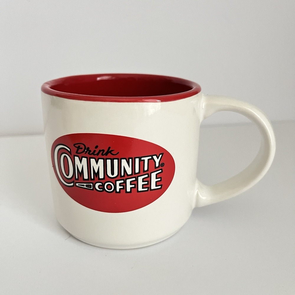 Discontinued‎ Community Coffee Ceramic mug red white USA made 3.5"